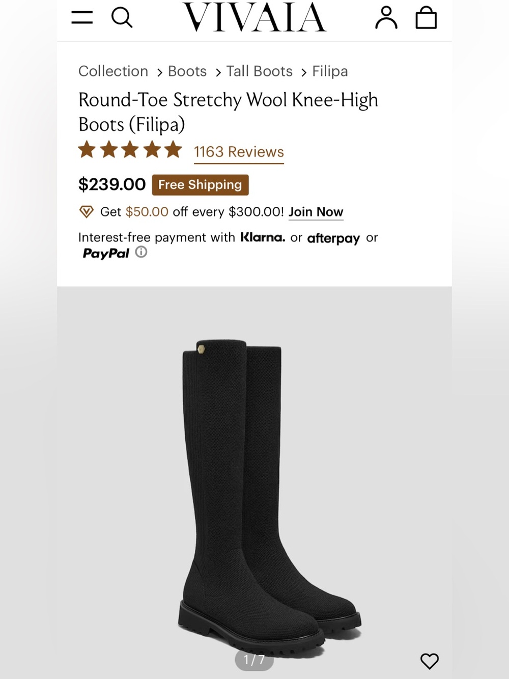 VIVAIA Filipa Boots Knee High Wool Size 7 Black - Picture 6 of 11